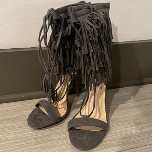 Gray fringe sandal heels